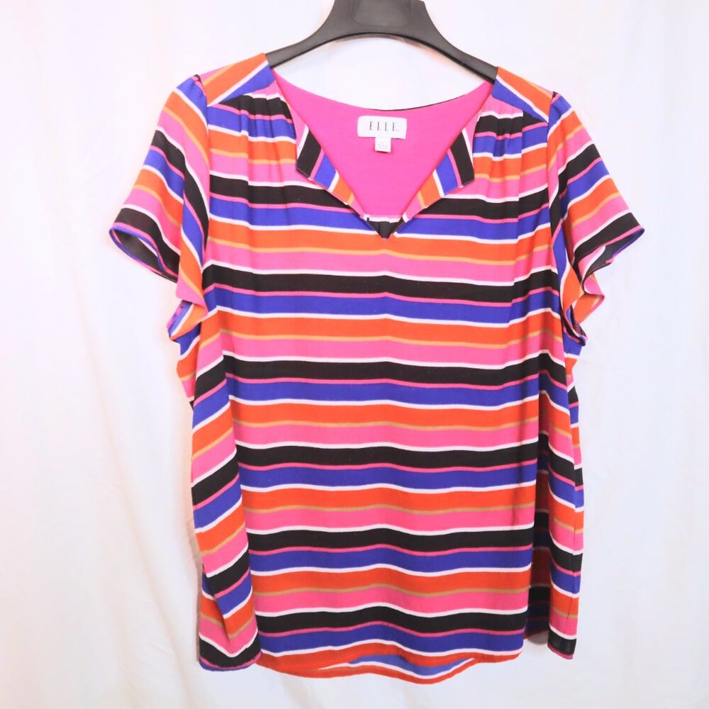 Pink Striped Top XL Elle Womens Neon 90s Y2K Kidcore Festival Fun Shirt